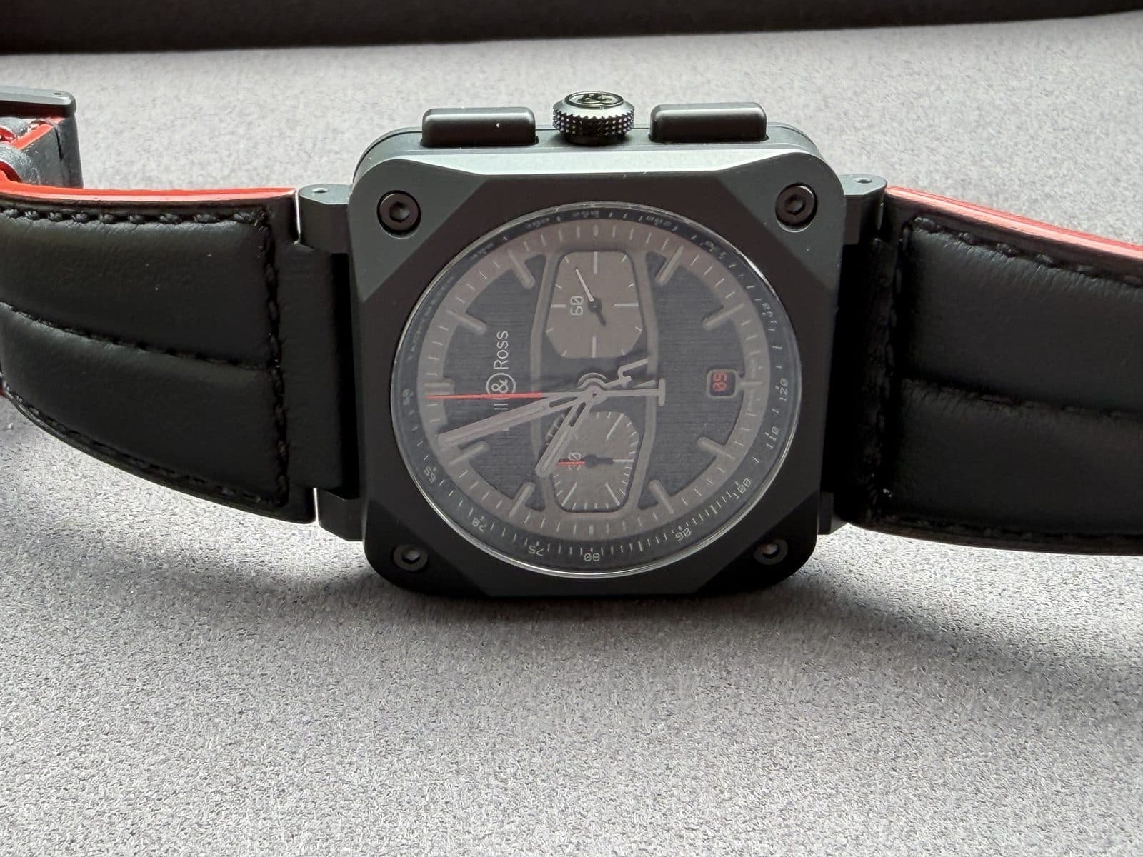 Bell & Ross BR 03-94 Blacktrack straight-on view of the ceramic case and dial