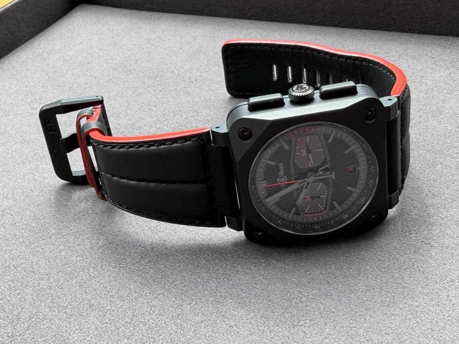 Bell & Ross BR 03-94 Blacktrack angled profile showing case depth and strap