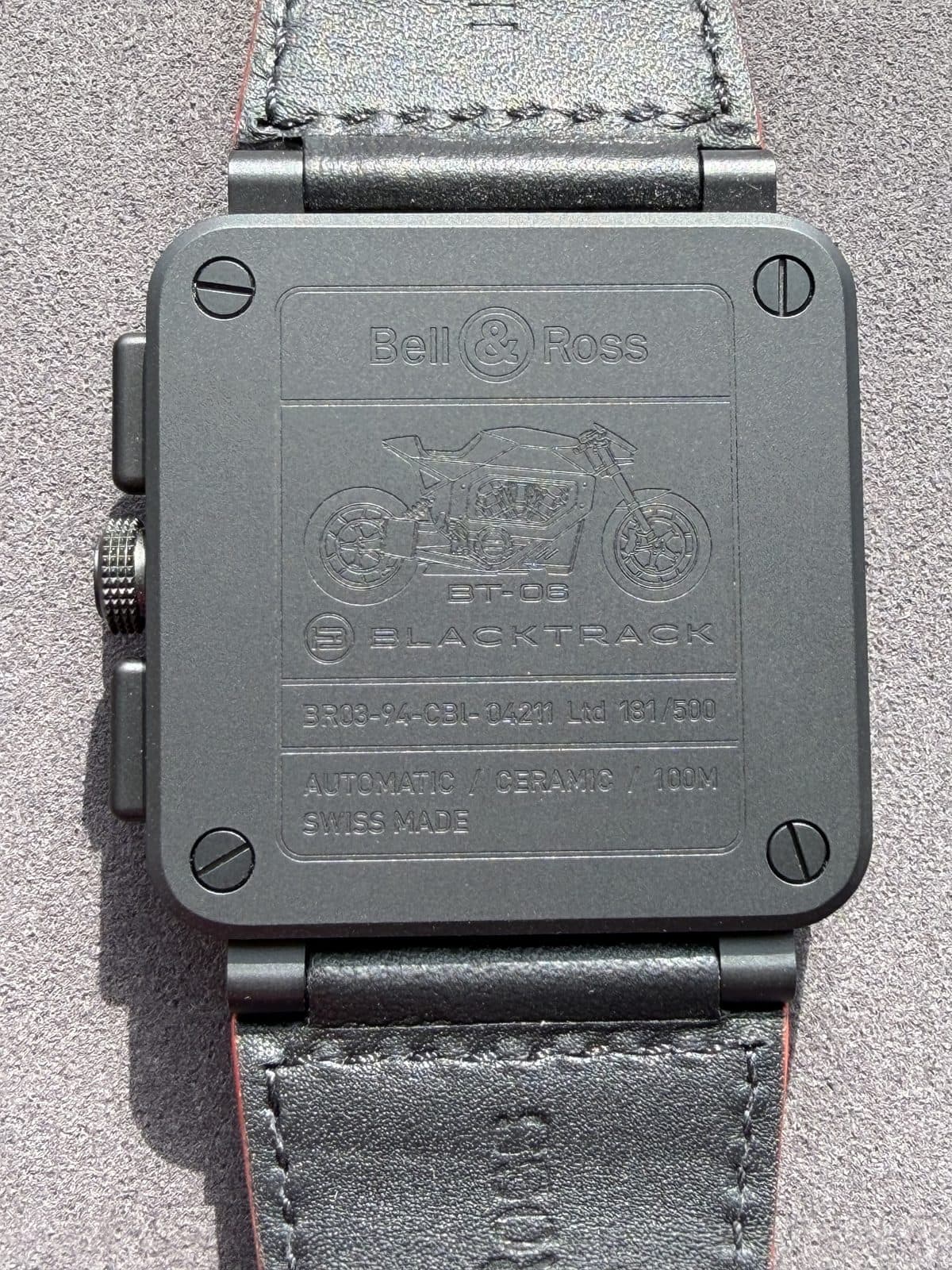Bell & Ross BR 03-94 Blacktrack caseback engraved with the Blacktrack motorcycle, numbered 131 of 500