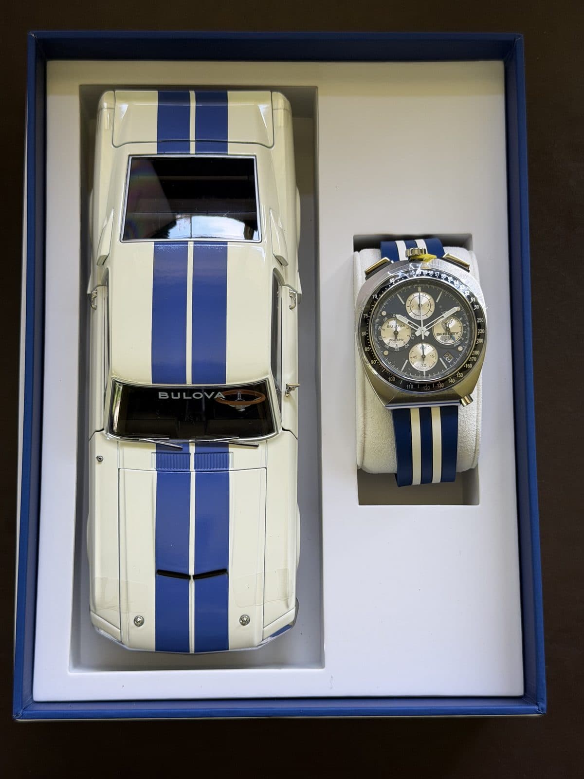 Bulova Shelby Racer 98B452 full set displayed with the Shelby model car