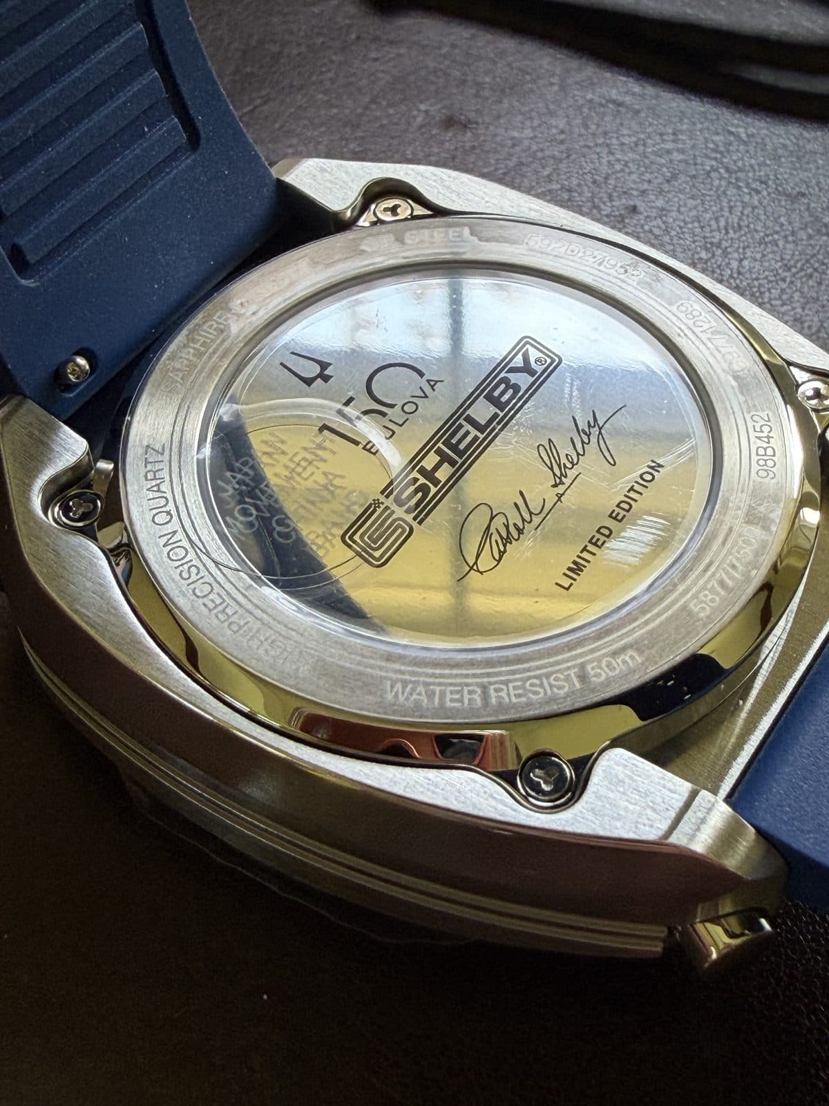 Bulova Shelby Racer 98B452 caseback engraved with the Carroll Shelby signature