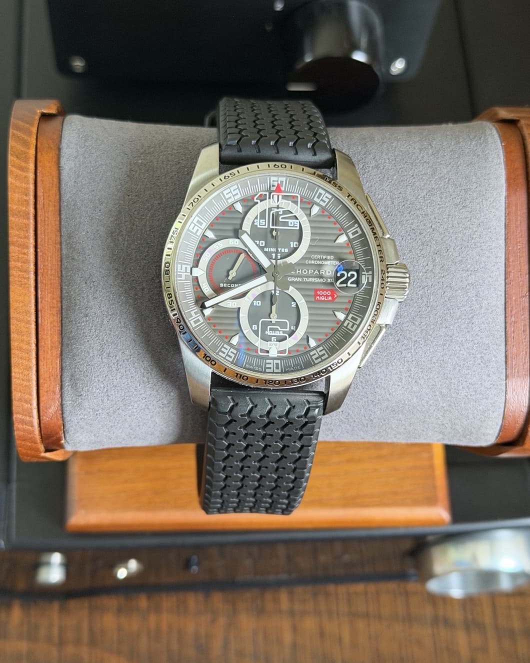 Chopard Mille Miglia GT XL reference 168459-3005 displayed on a watch stand