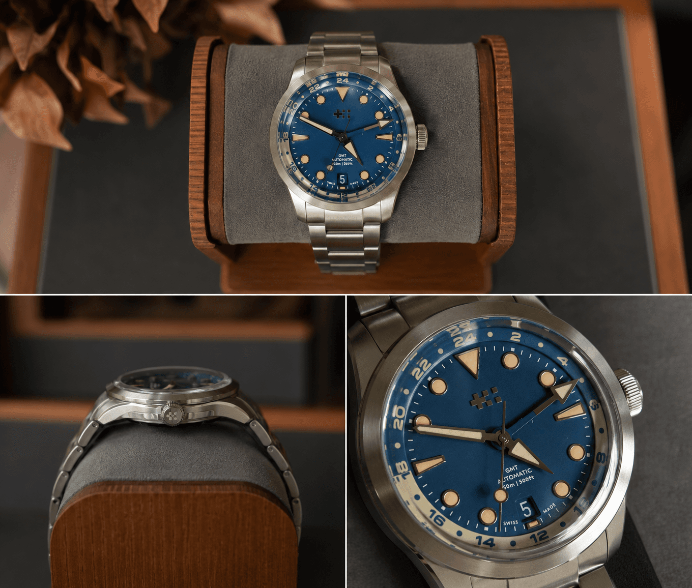 Christopher Ward C65 Dune Aeolian GMT Blue Dial shown in three archival views