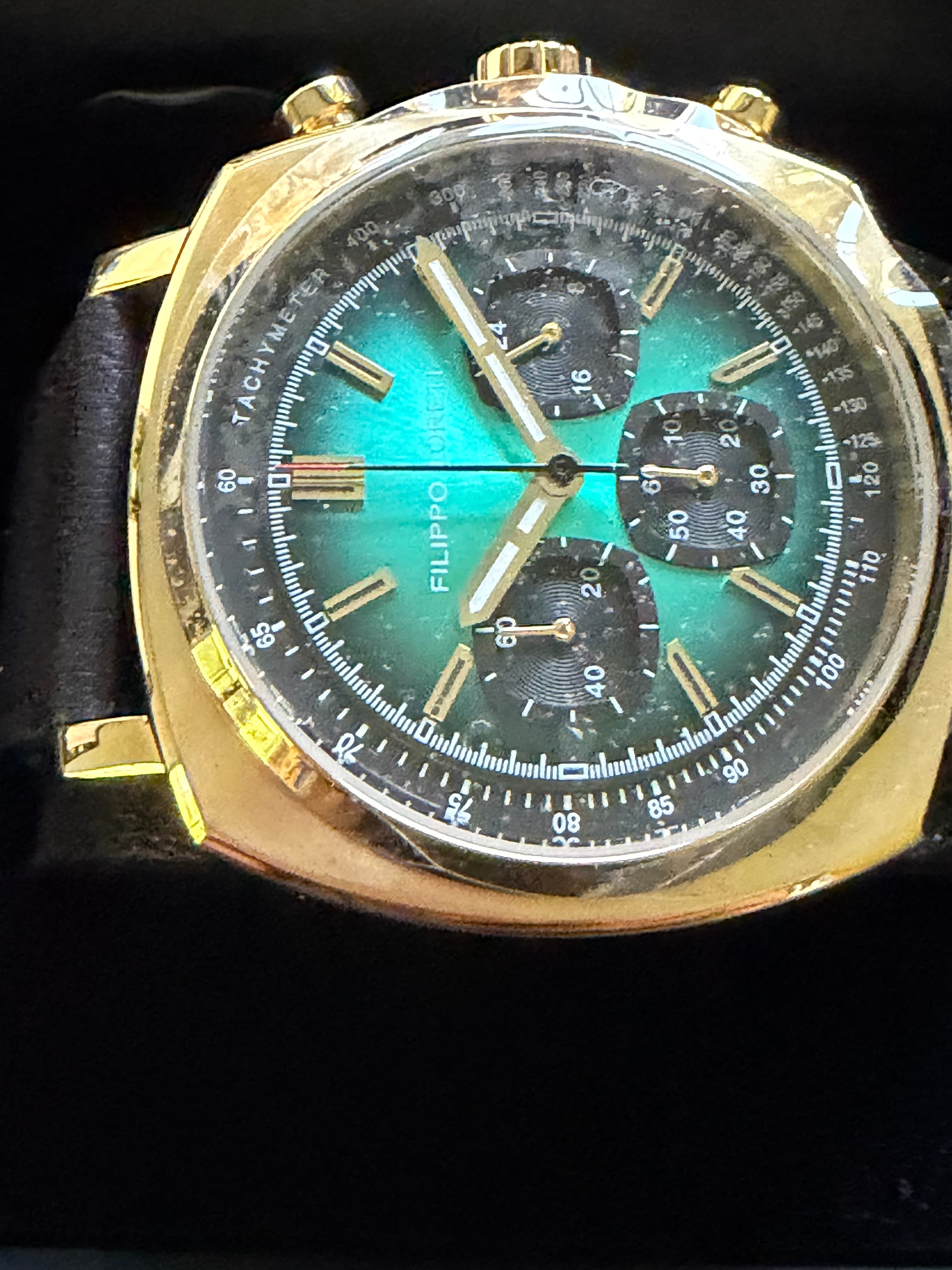 Filippo Loreti Retro Chrono Verde dial close-up showing chronograph subdials