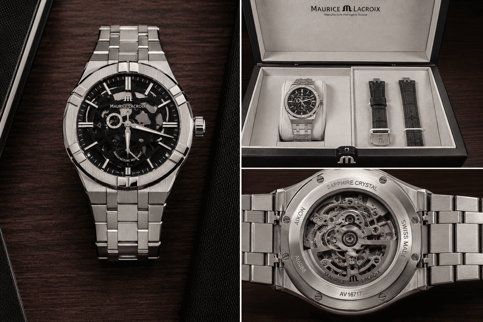 Maurice Lacroix AIKON Mercury shown with dial view, full set, and exhibition caseback