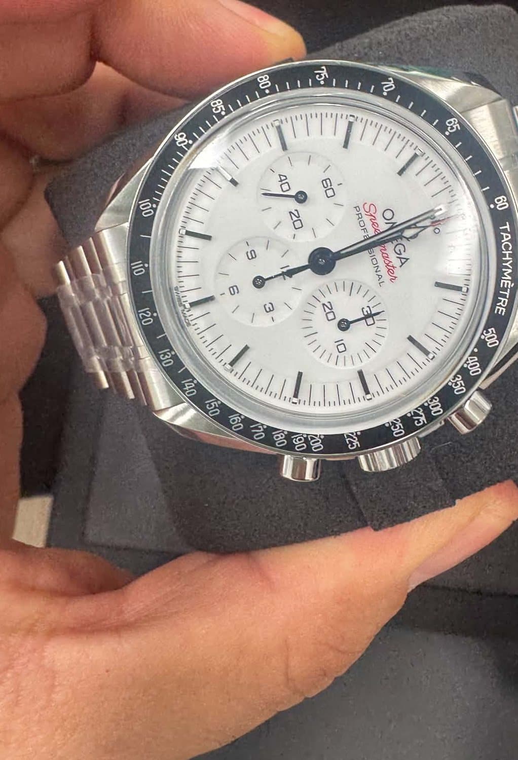 Omega Speedmaster Moonwatch Professional white dial chronograph, sourced on request and delivered