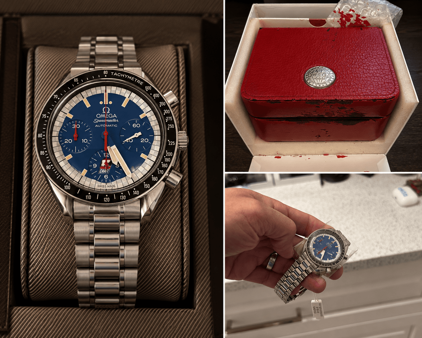 Omega Speedmaster Reduced 3510.80.00 with blue dial, red box, and card