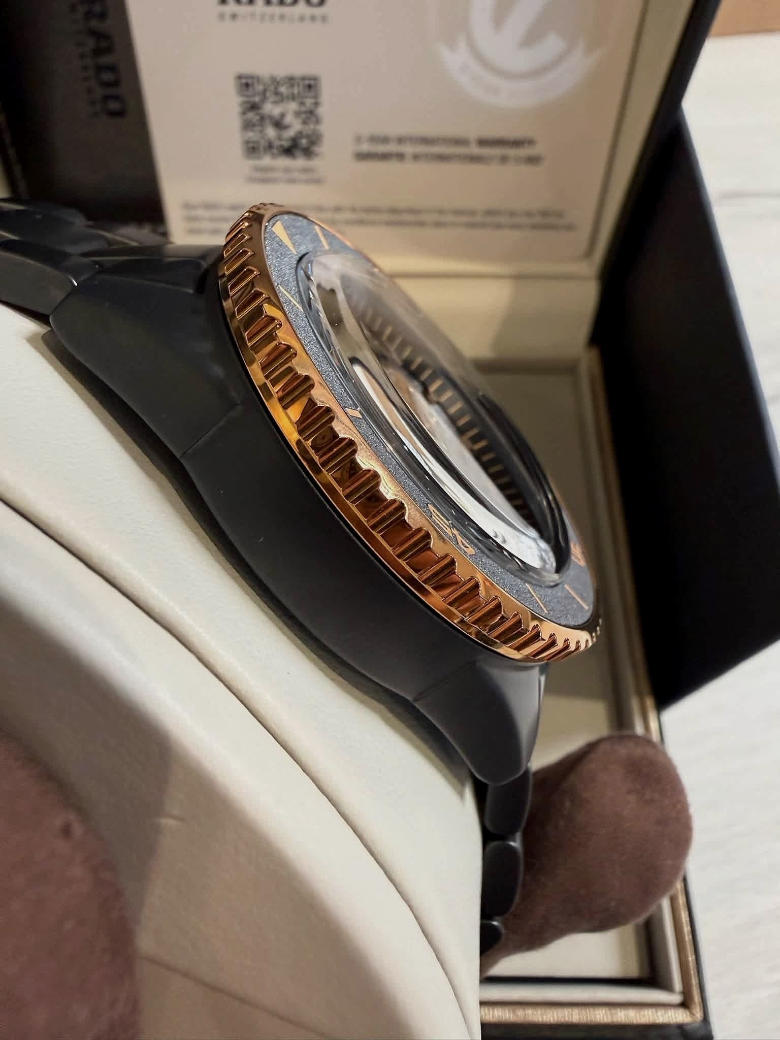 Side view of the Rado Captain Cook High-Tech Ceramic Skeleton showing the ceramic case and rose gold-tone bezel