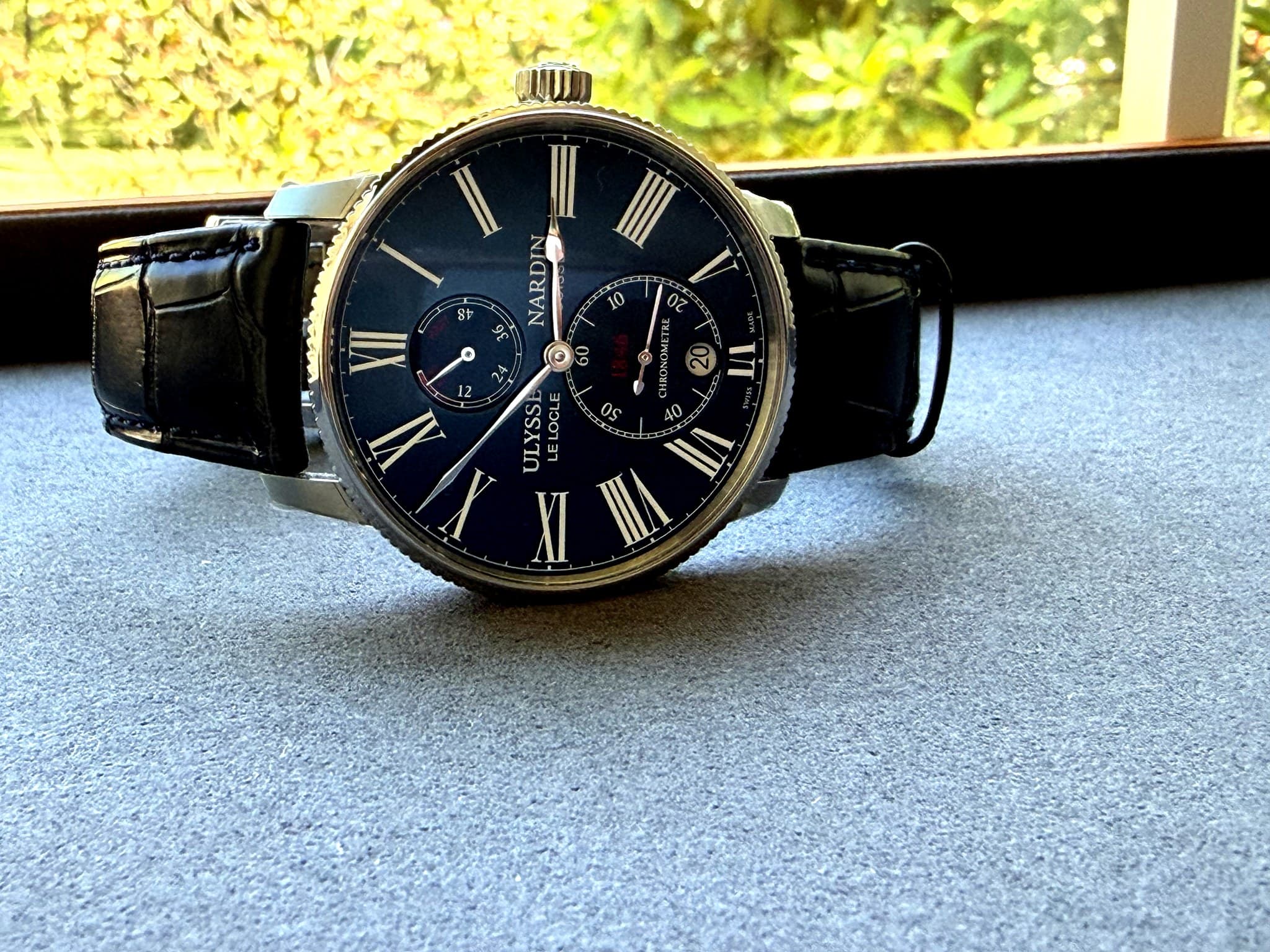 Ulysse Nardin Maxi Marine Chronometer 263-66 angled view showing blue dial and gold bezel